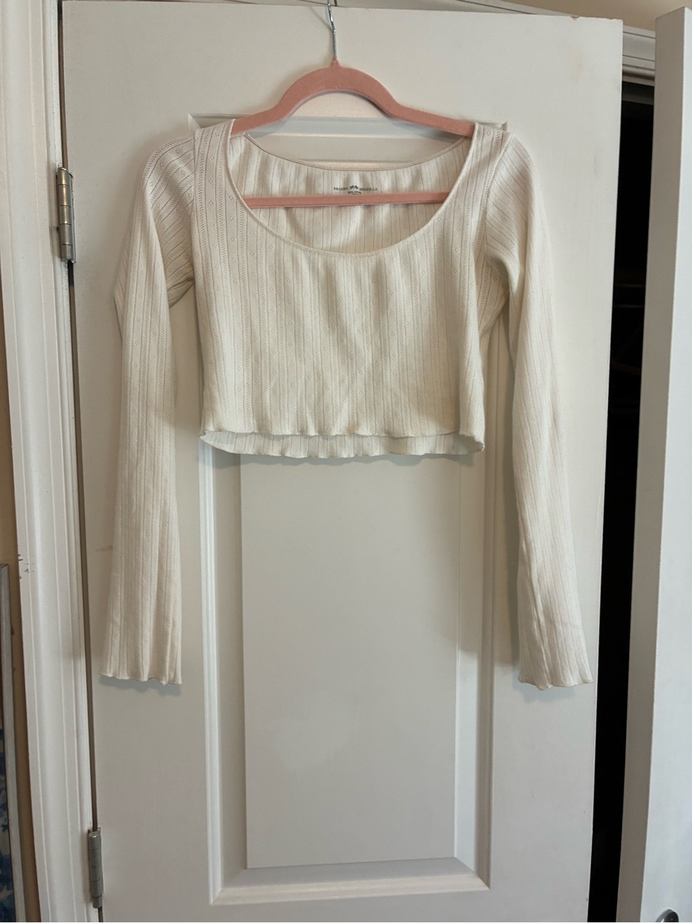 Brandy Melville Cream Ribbed Scoop-Neck Long Sleeve Crop Top